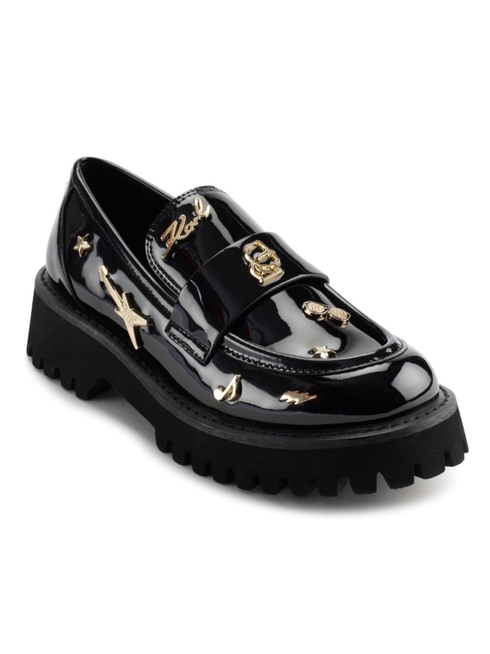 Karl Lagerfeld Womens Gaston Lug Sole Loafer Pin Embellishments Gold